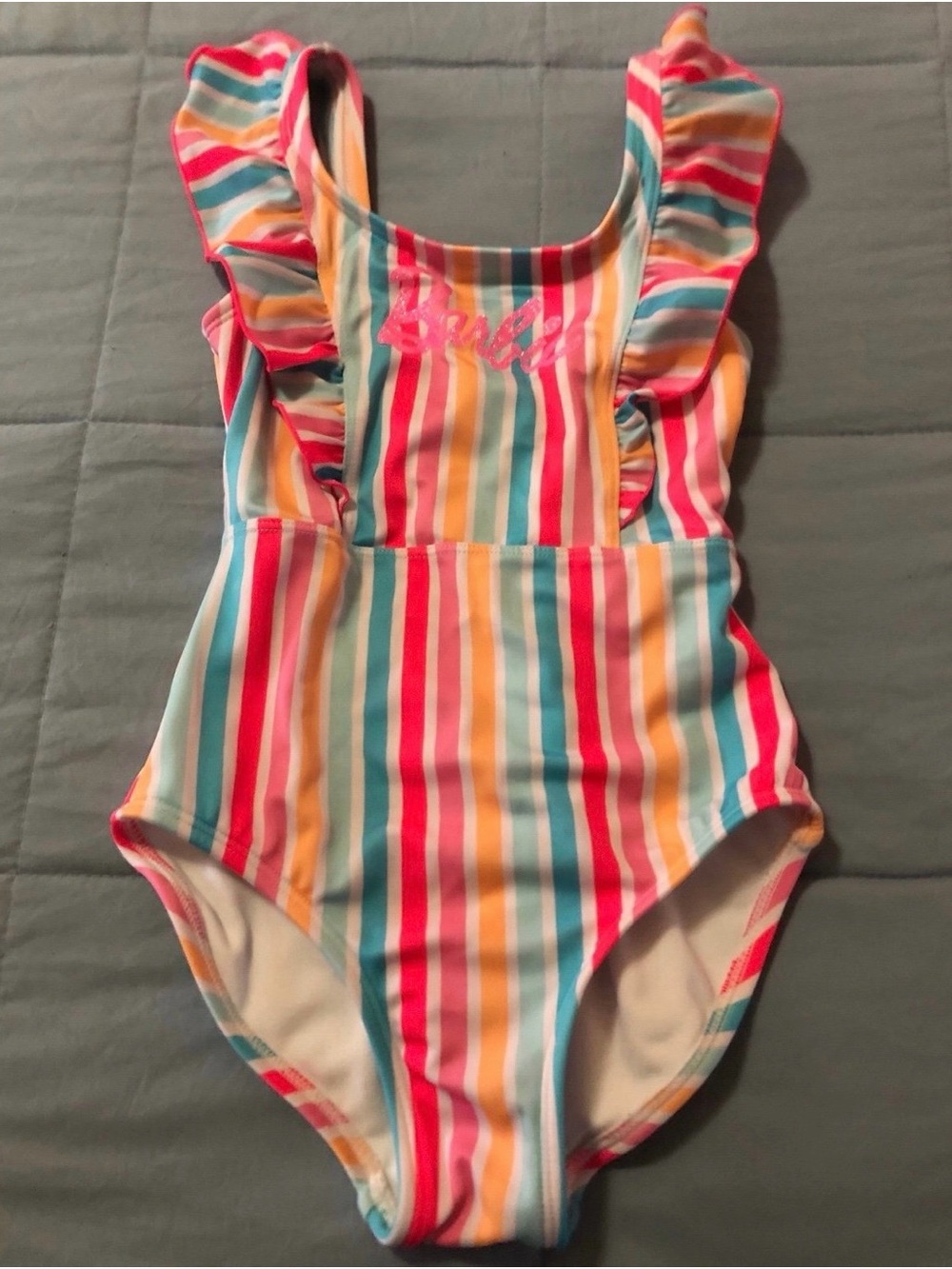Size 6/7 Girls Barbie Rainbow Stripe One-Piece Swimsuit with Ruffle Straps